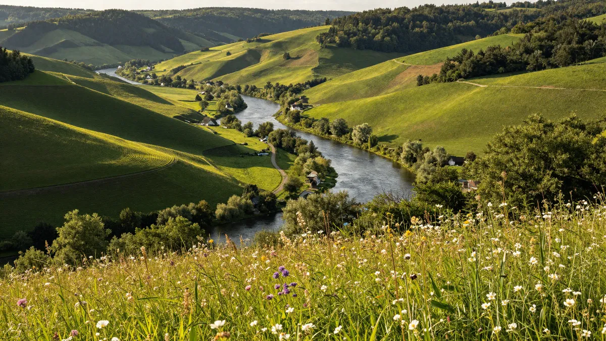 Sommerliche Landschaft im Jagsttal mit grünen Hügeln